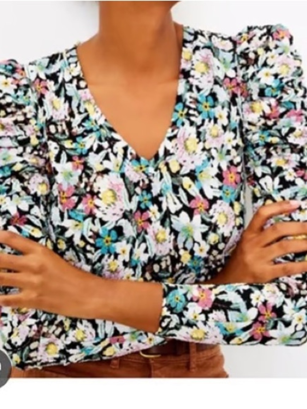 LOFT Floral Shirred Puff Sleeve Top - Size Large